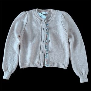 Mango Pale Pink Knit Cardigan with Embroidered Floral Trim